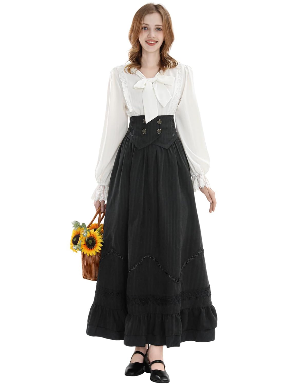 CR ROLECOS Victorian Dress for Women Black Renaissance Costume Medieval Outfit Maxi Skirts Blouse 2 pcs Set XL — image 1