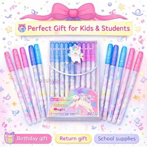 Image of KiddieWorld 12 Pcs Unicoorn Theme Erasable Gel Pens Set for Kids & Students | 0.5mm Smooth Writing Blue Ink | Cute Kawaii School Stationery | Write Erase Rewrite Pens for School, Return Gifts