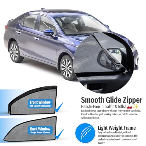 Image of Autofact Magnetic Car Sunshades Compatible with Honda New City (2020 to 2024) (Set of 4) - Easy Installation, UV Protection, Keeps Car Cool (Front 2 with Zippers, Rear 2 Without Zippers)