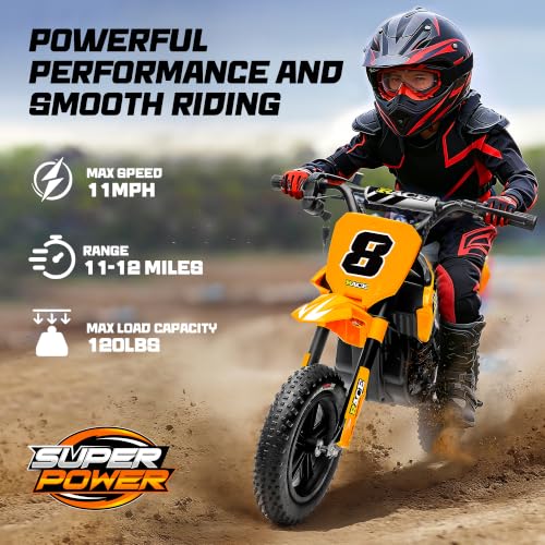 Image of 24V Kids Electric Dirt Bike - 250W Electric Motorcycle, 11 Mph Max Speed Electric Mini Dirt Bike with Music, 10 Miles Range, Twist Grip Throttle, Metal Suspension, Rubber Tire (Orange, with Cover)
