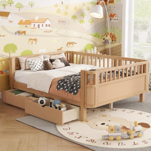 Full Size Kids Bed Frame, Low Profile Montessori Bed Full with Rails, Wood Daybed with Storage Drawer for Girls & Boys, No Spring Box Required, No Squeaks, Natural