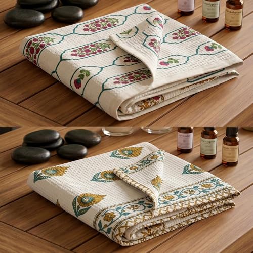 Image of Mafatlal Madhuban Bath Towel Combo Pack of 2 | 147x76 cm | 250 GSM Soft, Absorbent & Quick Dry Cotton Towels | Thai Curry & Ultramarine