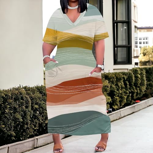 Image of Plus Size Maxi Dress for Women Short Sleeve V Neck Casual Loose Sundress with Pockets