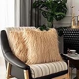 Kevin Textile Pack of 2 Decorative Brown Fluffy Pillow Covers New Luxury Series Merino Style Faux Fur Throw Pillow Covers Square Fuzzy Cushion Case 18x18 Inch