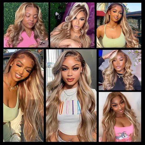 Image of 20 Inch 4 /613 Highlight Lace Front Wigs Human Hair 13x4 HD Transparent Brown Blonde Body Wave Lace Front Wigs Human Hair Pre Plucked Glueless Lace Frontal Wigs for Women