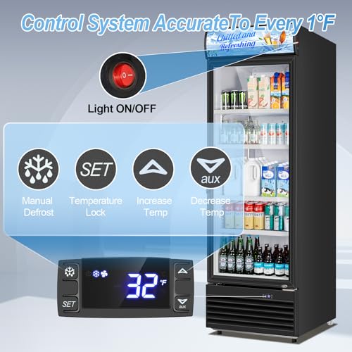 Image of Tylza Commercial Refrigerator with Glass Door Display Beverage Fridge, 11.15 Cu Ft Upright Beverage Cooler Merchandiser with Replaceable Advertising Light Board, Rebound Door, Fast Cooling, Black