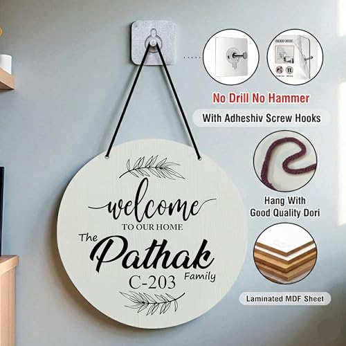 Image of P Arts Personalized Door Name Plate for Home Entrance Round Shaped 10x10 Inch Name plate for home entrance, Door name plates MDF Wood, Black & White