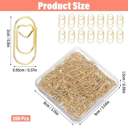 Nogeqi 200 Stück Büroklammern Herz Transparentbox, Herzförmige Büroklammer Oval Motiv Metall Heart Paper Clips Für Büro, Klassenzimmer, Aktenklammer, Schule, Hochzeit (Gold)