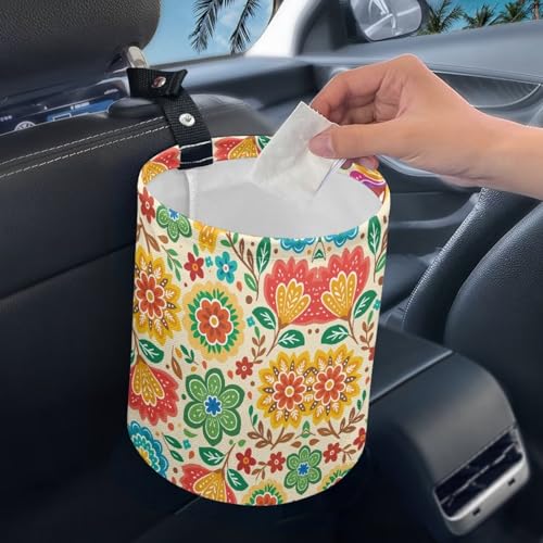 Image of Tropical Rainbow Flowers Car Trash Can Collapsible Auto Waste Basket Container with Adjustable Strap Waterproof Auto Storage Box Travel Accessories