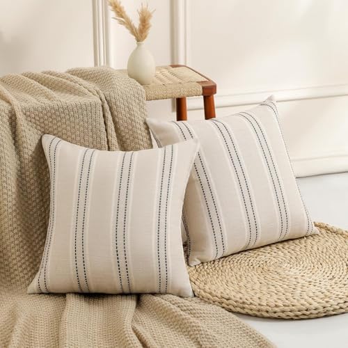 Image of Hckot Stripe Throw Pillow Covers 26x26 Large Square Grey Pillow Covers | Farmhouse Decorative Pillows Textured Linen Euro Sham Cushion Covers for Sofa Couch Bed Living Room Decor