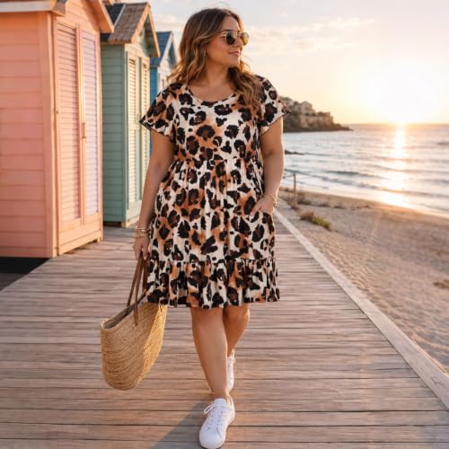 Image of Women's Plus Size Casual Dress Crew Neck Ruffle Floral Short Sleeve Summer Midi Dresses with Pockets