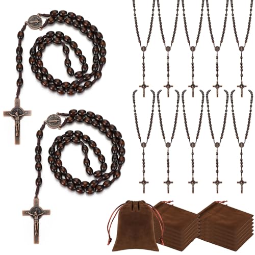 Equsion 12 Set Wooden Bead Rosary Necklace Catholic Rosary Wood Carved Solid Beads with Jesus Cross Our Father with Velour Gift Pouch Baptism Favors Catholic Gift(Dark Coffee)