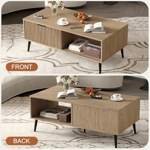Coffee Table with Storage, Wooden Coffee Tables with Sliding Door and Solid Wood Legs, 2-Tier Cocktail Table, Mid Century Modern Coffee Table for Living Room, Home Office, Farmhouse, Natural