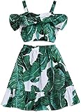 Toddler Kids Girl Strap Banana Leaf Print Strappy Cold Shoulder Crop Tops + Maxi Green Beach Skirts Clothes Set (3-4T,Leaf)