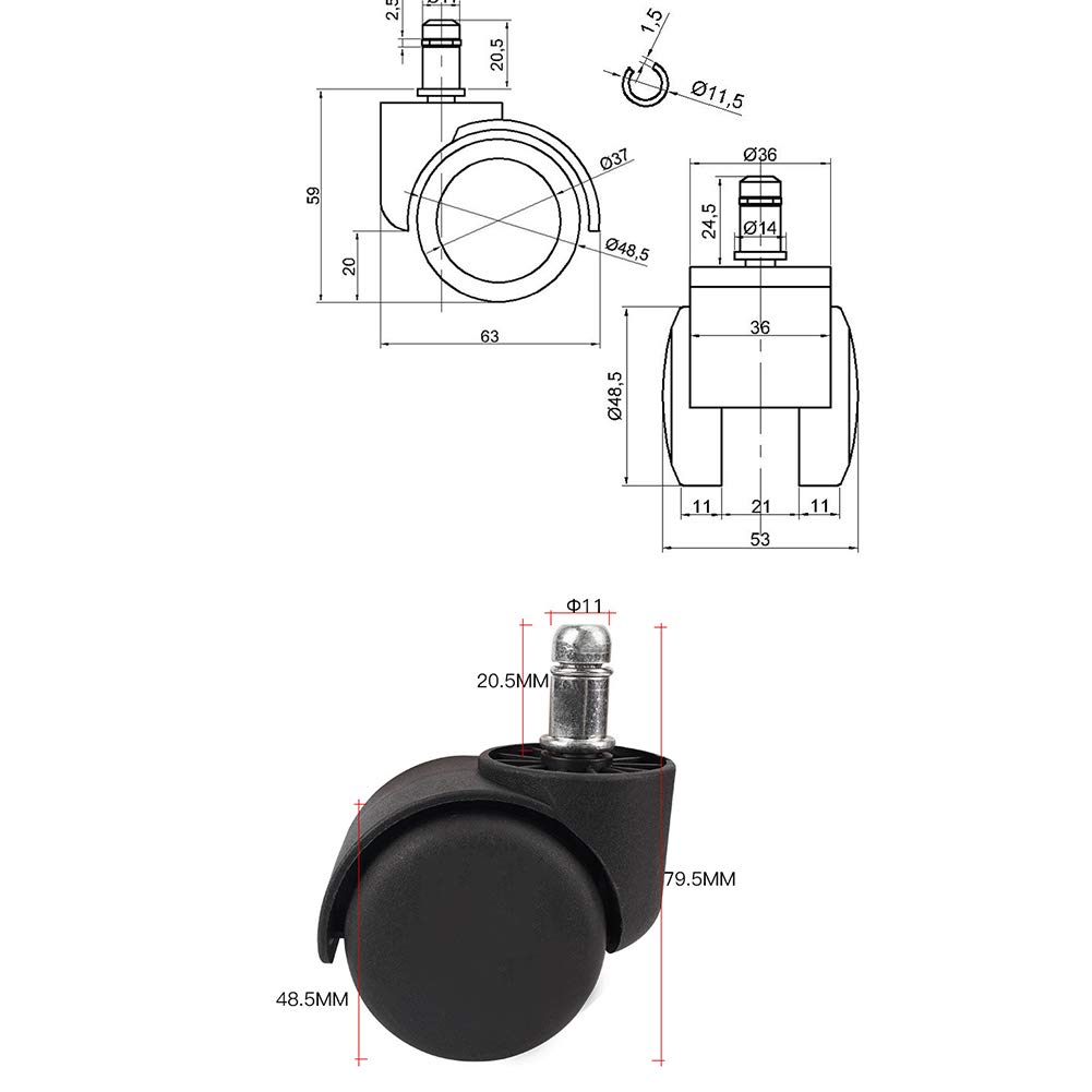 Black Nylon Lenkrolle, Bürostuhl Lenkrollen Ersatz, Bodenschutz, Bürostuhl Räder Universal Standard Stem Size - Schwarz