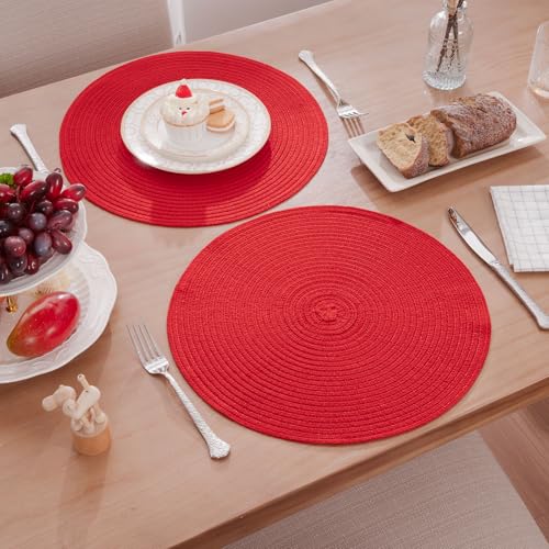 Image of SHACOS 15 inch Round Placemats Set of 6 Braided Non Slip Washable Place Mats for Dining Tables Kitchen Table Mats Home Wedding Party Decor (Red, 6)