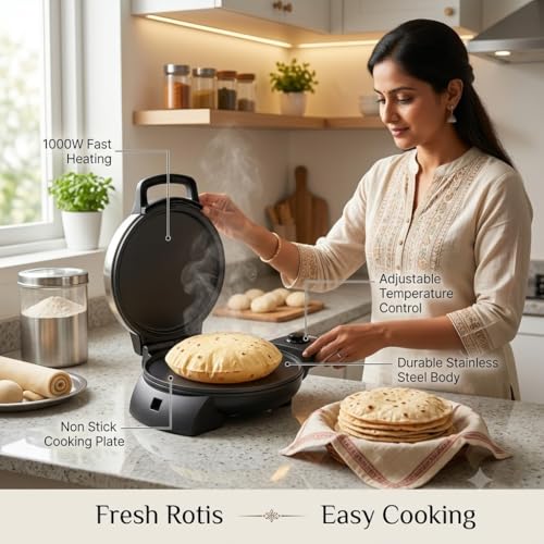 Image of (10 Years Assured Warranty) 1000W Electric Roti and Khakra Maker, Non Stick Cooking Plate with Adjustable Temperature Control & Durable Stainless Steel Body for Easy Cooking