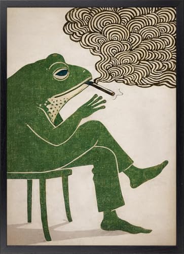 Fine Artic Cuadro Rana Fumando Sentada   Poster de Estilo Japonés con Marco de madera   Arte mural Vintage decoración para Salón – Cuadros Divertidos