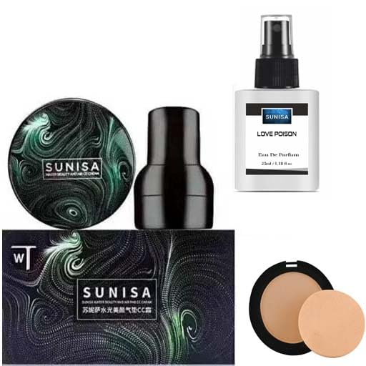 Sunisa BB and CC Cream Foundation With Mushroom Head Air Cushion 20g, Love Poison Eau De Parfum 30ml, Compact Powder 12g (Set of 3)
