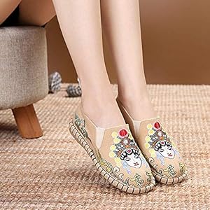 Geborduurde schoenen voor dames Opera borduurwerk dames canvas loafers dames comfort slip op flats Zachte katoenen geborduurde schoenen geborduurde hakken lynlyn (Color : Beige, Size : 37)