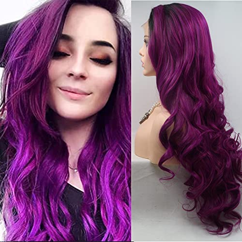 Xiweiya Dark Purple Wigs with Dark Roots Long Wavy Wig Purple Color Hair Synthetic 4 * 1 Lace Full Machine Made Wig Heat Resistant Fiber Middle Parting for Women Cosplay Makeup Party 24 Inches