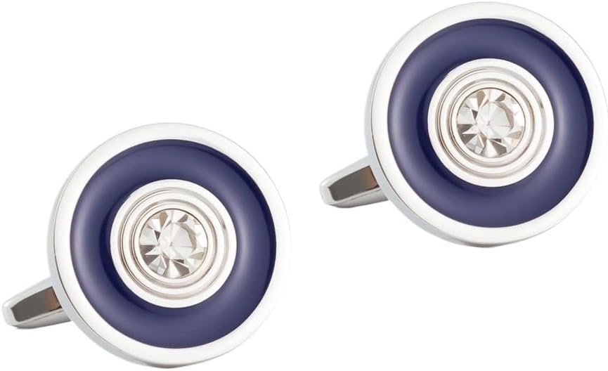 Round Plated Silver Enamelled Metal Cufflinks With Diamonds French Cufflinks