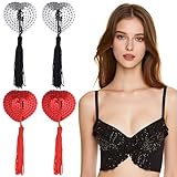 AHQiZFX 2 Pairs Breast Pasties, Women Reusable Sexy Breast Pasties, Self Adhesive Silicone Nipple Cover Stickers, Heart-Shaped Breast Bra with Sequins, Pasties Bra with Tassel (Silver, Red)