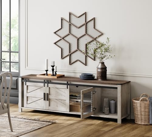 Image of WAMPAT Farmhouse TV Stand for 75 inch TV, Rustic Oak and White