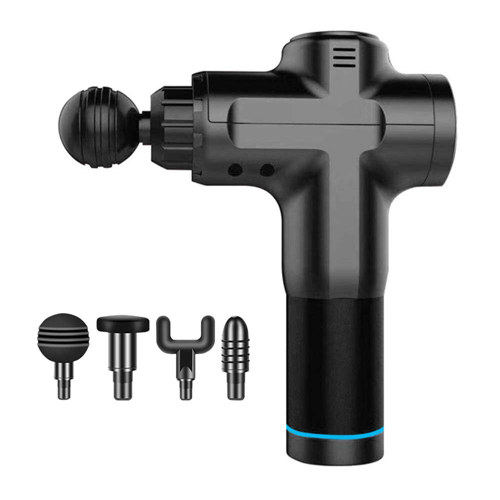 Fascia gun noir avec 4 têtes de massage profond des muscles pour tissu et récupération