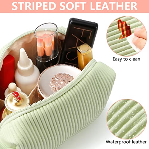 Liysoca 2Pcs Small Makeup Bag Pu Striped Leather Cosmetic Bag, Portable Travel Makeup Pouch,Waterproof Cosmetic Pouch With Handle,Cute Makeup Bags For Women And Girls (Beige,Green) #TOP4