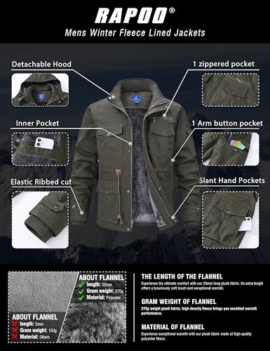 Image of Rapoo Men's Winter Jacket Cotton Work Military Jackets Fleece Lined Thick Warm Cargo Coats with Hooded