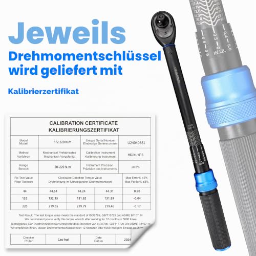 UYECOVE Drehmomentschlüssel 1/2 Zoll, 20-220 NM Einstellbar Drehmomentschlüssel Auto...