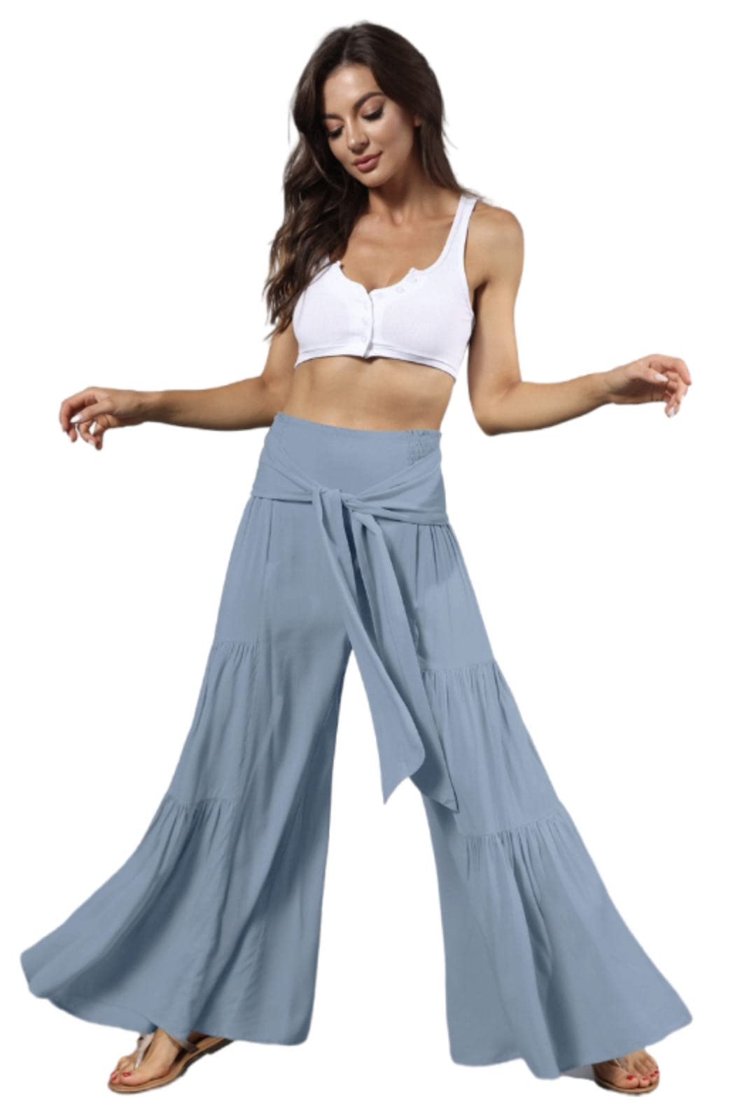 MBLESSEDTO Womens Casual High Waist Belted Wide Leg Pants with Pocket