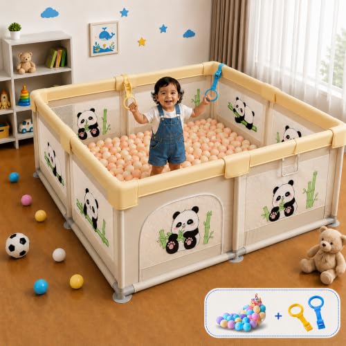 Image of MONSTECH Large Baby Playpen 150x180cm Pit Balls Playpen for Baby up to 5 Years with Anti-Fall Rings, Safety Lock, Breathable Mesh, Kids Activity Center Play Pen (Yellow-Panda)