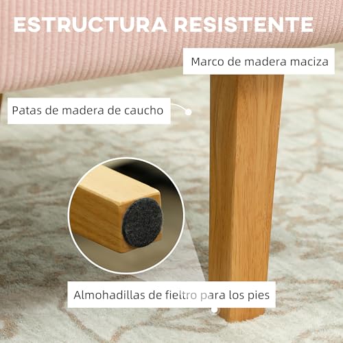 HOMCOM Sofá de 2 Plazas con 2 Puertos USB 1 Puerto Tipo-C Tapizado en Pana Sofá de Salón sin Brazos con Asiento de 20 cm y Patas de Madera Carga 220 kg 110x60x85 cm Rosa - imagen 7