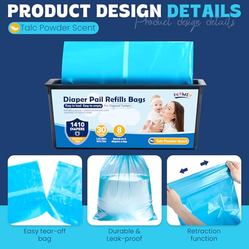 Image of Diaper Pail Refill Bags 30 Bags Per Refill,Compatible with Genie Easy Roll Signature Diaper Pails Holds Up to 4230 Newborn Diapers Talc Powder Scent 7 Layer Odor Barrier,Scented,3PACK (90 Bags)
