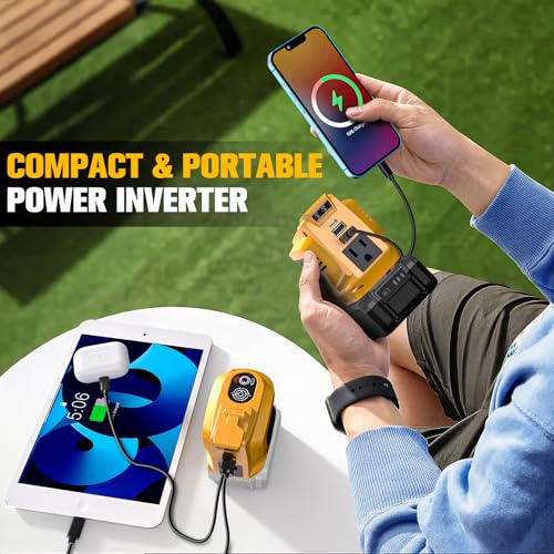 Image of Ecarke 200W Portable Power Inverter Compatible with DeWALT 20V Battery, DC 18V to AC 110V Power Station with 1 AC Outlet, 2 USB, 1 Type-C & LED Light, for Outdoor Emergency Use (No Battery)(2-Pack)