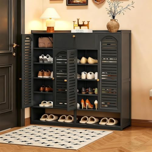 Cvvovilx Zapatero de Bambú de 7 Niveles, Zapatero para Recibidor, Rran Zapatero con Puerta Enrollable, Zapatero Independiente con Estante Regulable, Ideal para Pasillo y Salón (Negro)