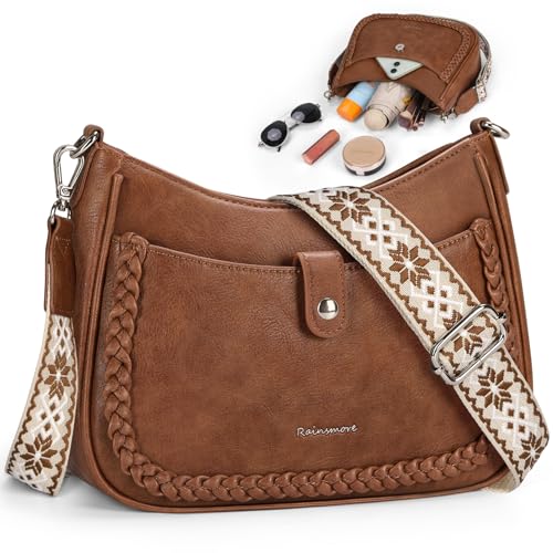 RAINSMORE Sac Bandoulière Femme Cuir PU, Sac a Main Bandouliere Femme avec Large Sangle Réglable et Amovible et Multiples Poches pour Travail Voyages Brun