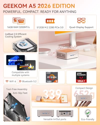 Image of GEEKOM A5 Mini PC Business (Ultra Quiet /Low Power), AMD Ryzen 7430U, 16GB RAM(64GB Max), 512GB SSD, Windows 11 Pro Business Desktop, 8K Quad Display Idea Video Editing Trading /Home Server /Light Gaming