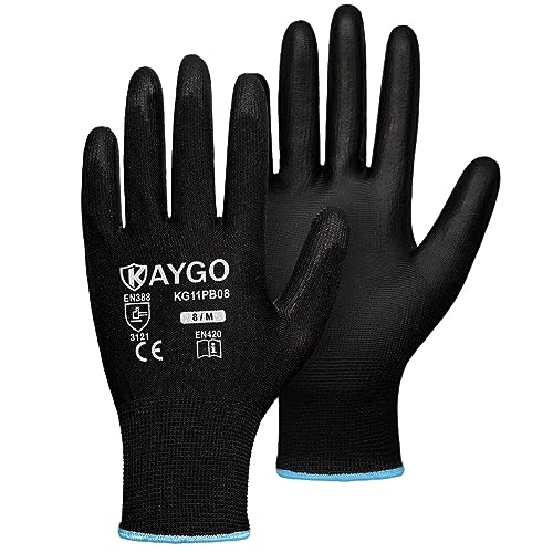 Image of KAYGO Safety Work Gloves for Men Women, PU Coated Palm & Fingers, KG11P | Smooth Grip, Breathable & Lightweight, 13-Gauge Seamless Knit, for Light Warehouse, Manufacturing, Gardening