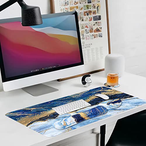 Image of 4-in-1 Large Gaming Mouse Pad, Keyboard Wrist Rest Pad & Wrist Support Mousepad Set, Extended Desk Pad Waterproof Desk Mat for Home Office Study Game - Blue Gold Marble