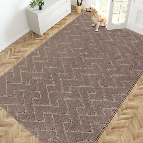 PURRUGS Easy Care Area Rug 6ft x 9ft, Non-Slip Machine Washable Entry Rug, Stain Resistant Accent Rug for Hallway, Bedroom, Living Room and Mudroom, Grayish Brown