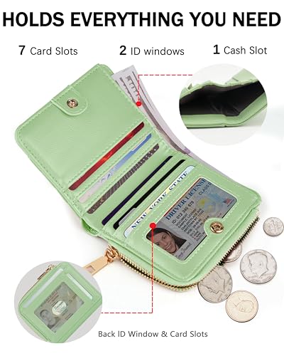 Image of Small Bifold Wallets Woman RFID Mini Wallet for Women Slim Card Holder with Zipper Coin Pocket & 2 ID Windows (Mint Green)
