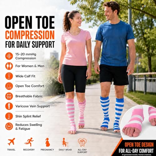 Image of Doc Miller Open Toe Compression Socks 15-20 mmHg for Women & Men, 1 Pair | Toeless Knee High, Wide Calf Stockings, Pregnancy, Varicose Veins, Shin Splints, Swelling, Recovery, Travel, Daily Wear