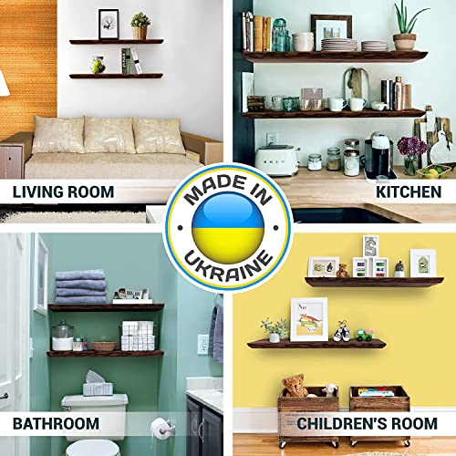 Wood Floating Shelves Set Of 2-Rustic Shelf 36" Wide Wooden Wall Shelves, Made In Europe, For Living Room Bedroom Kitchen Bathroom Farmhouse, Brown Color, 36" X 6.5" Live Edge #TOP5