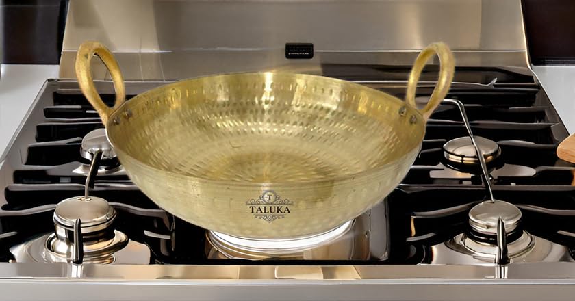 Taluka Heavy Weight Pure Brass Kadai for Cooking 1.25L/1250 ML Teflon Free Non Stick Handcrafted Kadhai (9.5x9.5x2.5 Inches)