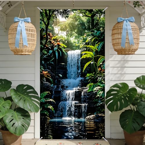 Nuxovilar Spring Door Covers Banner 35.4x70.86 inches Polyester Spring Decor for Front Door (Tropical Waterfall & Lush Jungle Foliage Design)