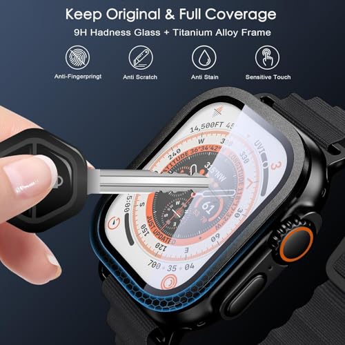 DEALELE [2-PACK Tempered Glass Bezel Cover for Apple Watch Ultra 2/1 49mm, Armor Aluminum+Titanium Alloy Frame 9H Tempered Glass Screen Protector, [Touch Sensitive] Protective Film, Black by DEALELE - Image 6