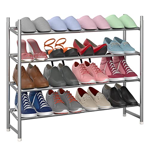 Vinsani 4 Tier Minimalist Shoe Rack Extendable Adjustable Metal Organiser Open Storage Stand Holds 16 Pairs of Shoes Heavy Duty Storage Unit Easy Assembly – Grey